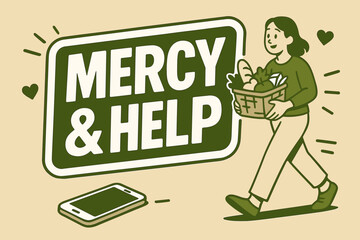 Mercy and Help Banner. Mercy and Help banner, flat vector illustration, bold oversized text inside sticker outline banner, cartoon characters walking and