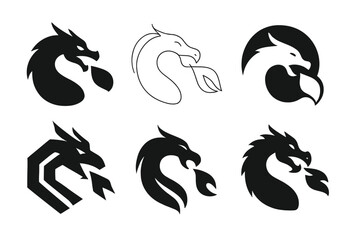 Obraz premium Dragon Fireball Logos. Dragons. Set Logo of Dragon Fireball: Filled silhouette, Minimal outline, Abstract geometric, Negative space, Stylized detail, Iconic