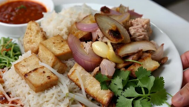 Traditional Surinamese-Indonesian Culinary Dish Comprising Steamed Tofu and Rice Served with Chicken  Garnished with Celery and Bean