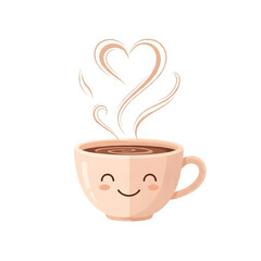 Smiling coffee cup with heart steam isolated on transparent background