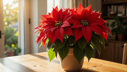 Bright red poinsettia plant in a pot on a wooden table indoors  