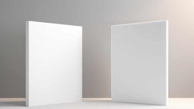 Transparent two blank white rectangular panels standing upright against a neutral background mockup 