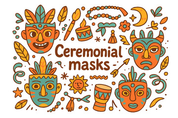 Naklejka premium Ceremonial Mask Patterns. Ceremonial masks. Hand-drawn doodle illustration of ceremonial masks. Mask, feathers