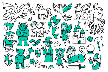 Obraz premium Fantasy Creatures Galore. Fantasy creatures. Hand-drawn doodle illustration fantasy creatures dragons, unicorns, mermaids, phoenix, griffin, colored minotaur,
