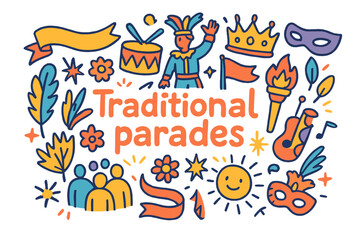 Obraz premium Colorful Parade Doodles. Traditional parades. Hand-drawn doodle illustration of traditional parades. Banner,