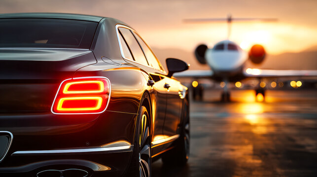 Luxury sedan parked at sunset with a private jet in the background - Powered by Adobe