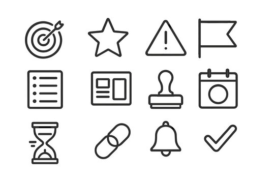 Deadlines and Priorities Icons. Deadlines and priorities. Line icon set of deadlines and priorities: bullseye target, priority star, warning