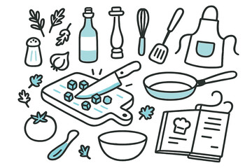 Fototapeta premium Kitchen Prep Doodles. // Kitchen preparation. Hand-drawn doodle illustration kitchen preparation [chopping board (accented), knife, diced vegetables