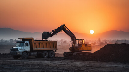 Excavator loading dump truck at sunrise with warm orange light and mountains in background