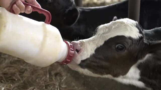 Close-Up 4K Footage of a Farmer Woman Bottle-Feeding a Newborn Holstein Calf on a Dairy Farm