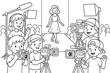 Camera Crew Coloring. Camera crew children?s coloring book illustration, outlined drawing, friendly