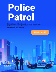 Police patrol city security officers police car urban skyscrapers modern downtown street people walking website banner