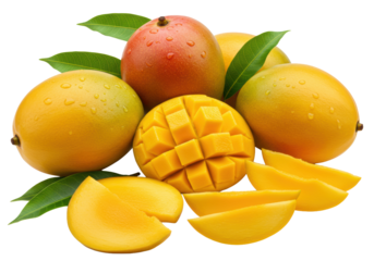 Meticulously arranged collection of fresh, ripe tropical mangoes, whole, halved, and sliced, with water droplets, against a transparent background, brightly lit, Concept of natural tropical sweetness