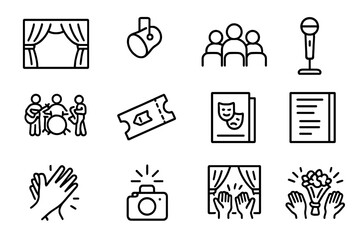 Performance Night Icons. Performance Night. Line icon set of Performance Night: red curtain, spotlight, audience seats, stage mic, live band, ticket, playbill,