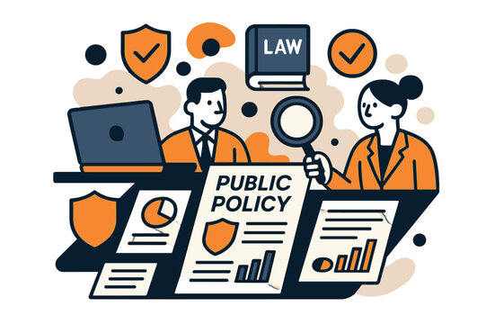 Policy Oversight Illustration. Public policy monitoring. A desk with documents, charts, and floating