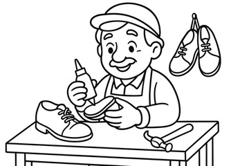 Cobbler's Coloring Page. Shoe maker children?s coloring book illustration, outlined drawing, friendly cobbler