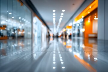 Fototapeta premium Symmetrical blur of a shopping mall hallway with glowing ceiling lights and polished reflective floor, featuring cool blue tones contrasted with vibrant orange storefronts for a modern abstract visual