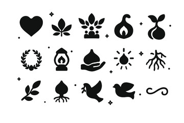 Obraz premium Chestnut Icon Set. Chestnut Symbolism. Solid icons set of Chestnut Symbolism: heart nut, leaf crown, family tree, sprouting nut, circle wreath, lantern light,