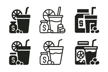 Creative Lemonade Stand Logos. Lemonade stand decor and ideas for kids. Set Logo of lemonade stand decor and ideas for kids: tip jar with coins beside cup.