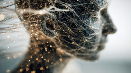Abstract digital human profile made of interconnected glowing lines and particles representing futuristic technology and artificial intelligence concepts