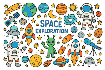 Obraz premium Space Exploration Doodles. Space Exploration. Colorful Hand-drawn doodle Children illustration Space Exploration, planets, stars, rockets, astronauts, aliens,