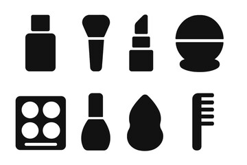 Fototapeta premium Cosmetics Tool Icons. Cosmetics and tools. Filled icon set of cosmetics and tools: foundation bottle, brush,
