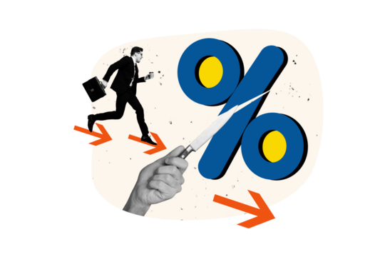 Creative collage image young businessman rush go fast run recession economy crisis rate credit percent business startup failure