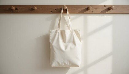 Clean, minimalist canvas tote bag hanging on a rustic wooden peg rack in a bright, modern room with soft natural light