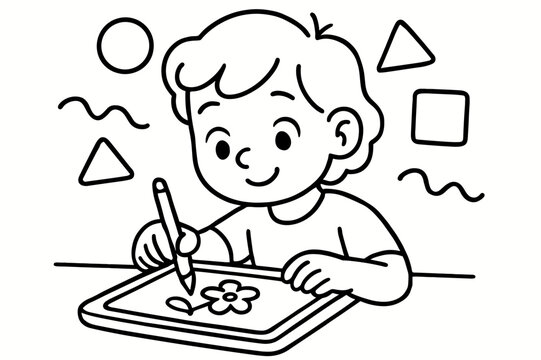Tablet Drawing Fun. Digital art children?s coloring book illustration, outlined drawing, young artist drawing on a tablet with colorful shapes floating around, - Powered by Adobe