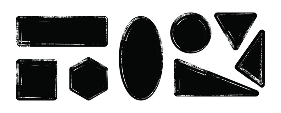 Grunge geometric stamp shapes set, distressed vector frames and textured design elements.