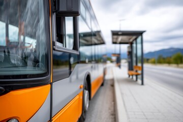 Fototapeta premium Close-up of orange and gray intercity bus standing at rural bus stop with empty shelter and overcast sky in the background