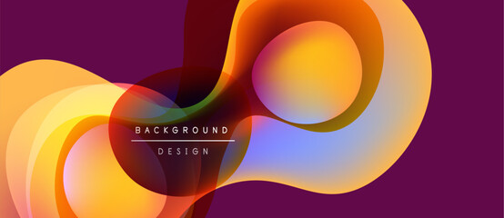 Abstract fluid shapes overlap, creating vibrant color gradients. Purple background complements orange, yellow, blue hues. Modern design element.