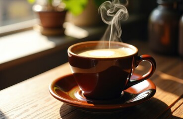 Obraz premium Steaming hot coffee in a ceramic cup on a wooden table with sunlight streaming in