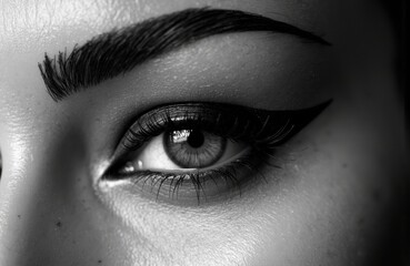 Obraz premium Woman's eye with makeup and eyeliner in black and white