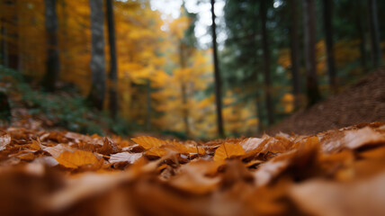 Obraz premium Autumn leaves forming colorful carpet on forest floor, golden and orange foliage, tranquil woodland scene, soft natural light, peaceful atmosphere