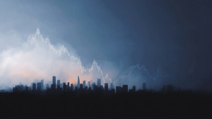 City skyline silhouette with fluctuating economic graph overlay, dark moody atmosphere, financial market concept, urban landscape at dusk, modern business district