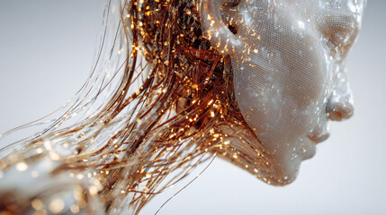 Futuristic female robot head with intricate glowing fiber optic cables and metallic mesh surface symbolizing advanced artificial intelligence design and technology