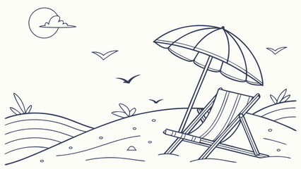 Dreamy beach escape illustration with chair and umbrella, perfect for summer vacation designs and coastal themes, evoking relaxation and tranquility, originally vector