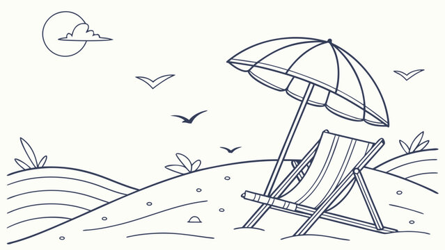Dreamy beach escape illustration with chair and umbrella, perfect for summer vacation designs and coastal themes, evoking relaxation and tranquility, originally vector