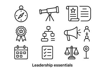 Fototapeta premium Leadership Icon Set. Leadership essentials. Line icon set of leadership essentials: compass, vision telescope, mission document, values badge, decision tree,
