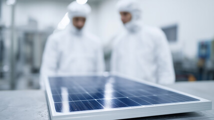 Solar panel production process in cleanroom with two engineers wearing protective suits, focusing on advanced technology and quality control for renewable energy solutions