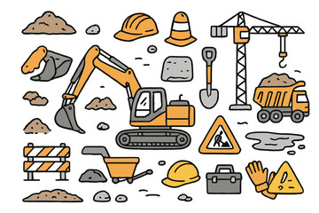 Cartoon Construction Scene. Heavy machinery. Hand-drawn doodle illustration excavator (colored), dirt pile (colored), construction site (colored), bucket arm