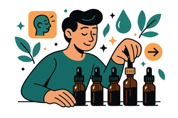 Aromatherapy Selection Scene. Aromatherapy oils. Person selecting essential oils from collection with abstract floating icons, leaves, and sparkles; conveys