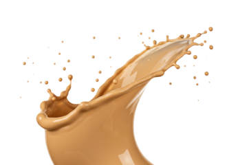 Dynamic splash of light brown, creamy, viscous liquid, frozen in elegant curves and droplets against transparent with copy space, high-end commercial product presentation concept
