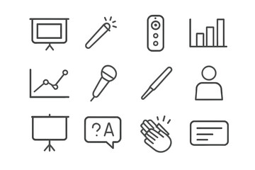 Fototapeta premium Presentation Icon Set. Presentation. Line icon set of Presentation: slide deck, laser pointer, clicker remote, bar chart, line graph, microphone, pointer