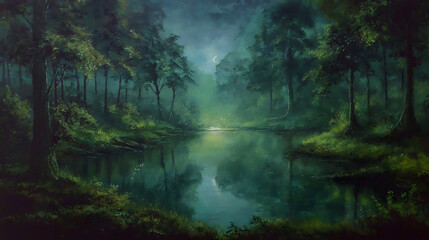 Obraz premium Starry Night Reflection on Forest Lake – Peaceful Nature Landscape Photography