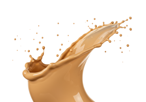 Dynamic splash of light brown, creamy, viscous liquid, frozen in elegant curves and droplets against transparent with copy space, high-end commercial product presentation concept