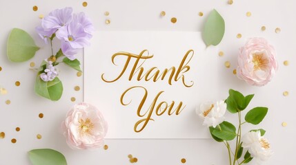 Elegant thank you card with flowers and gold confetti on white background