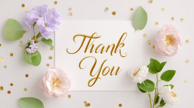 Elegant thank you card with flowers and gold confetti on white background