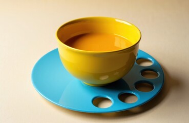 A yellow bowl filled with soup sits on a blue plate with circular cutouts on a neutral background